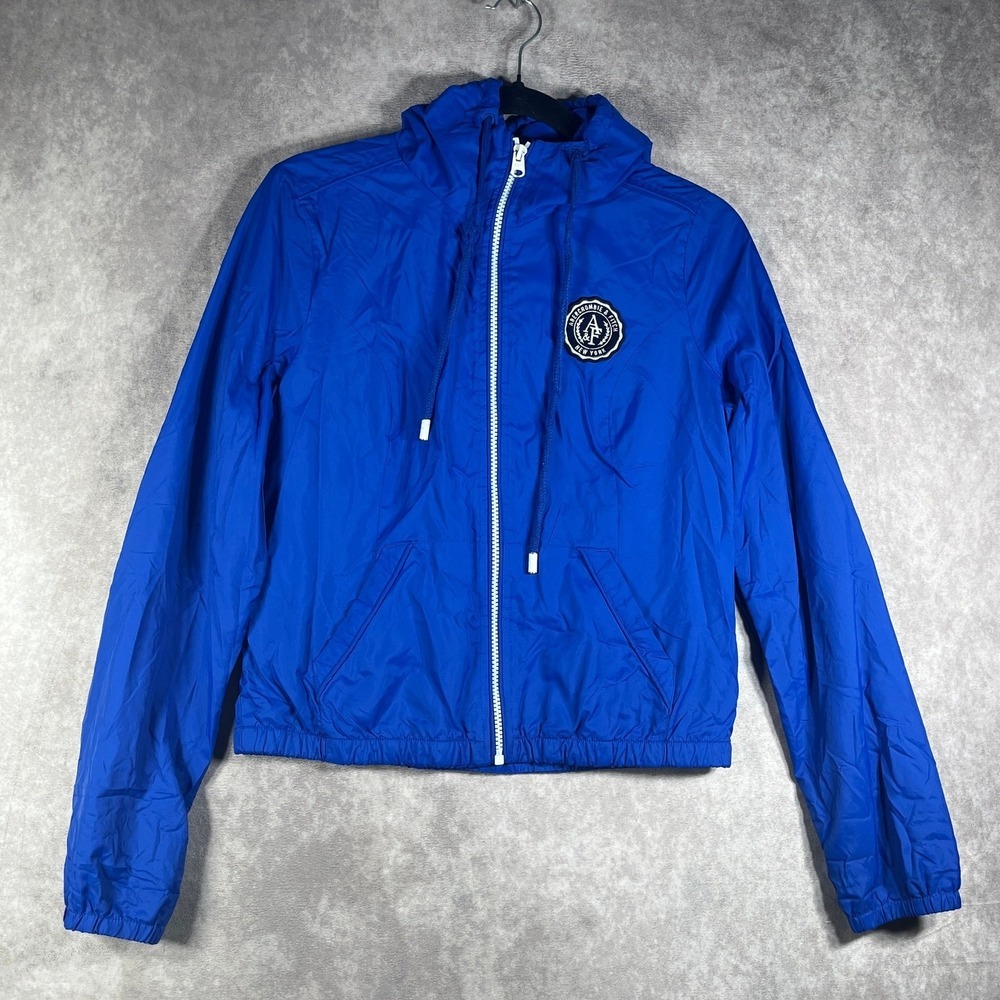 Abercrombie & Fitch Jacket Womens M Blue Windbreaker Hooded‎ Full Zip Crop Y2K